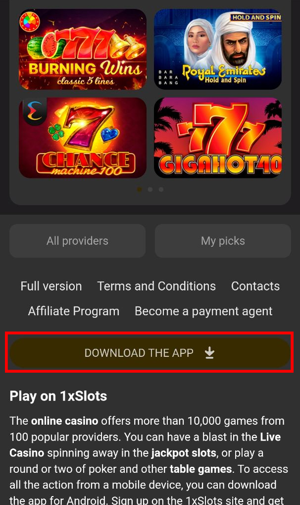 1xSlots App Download button